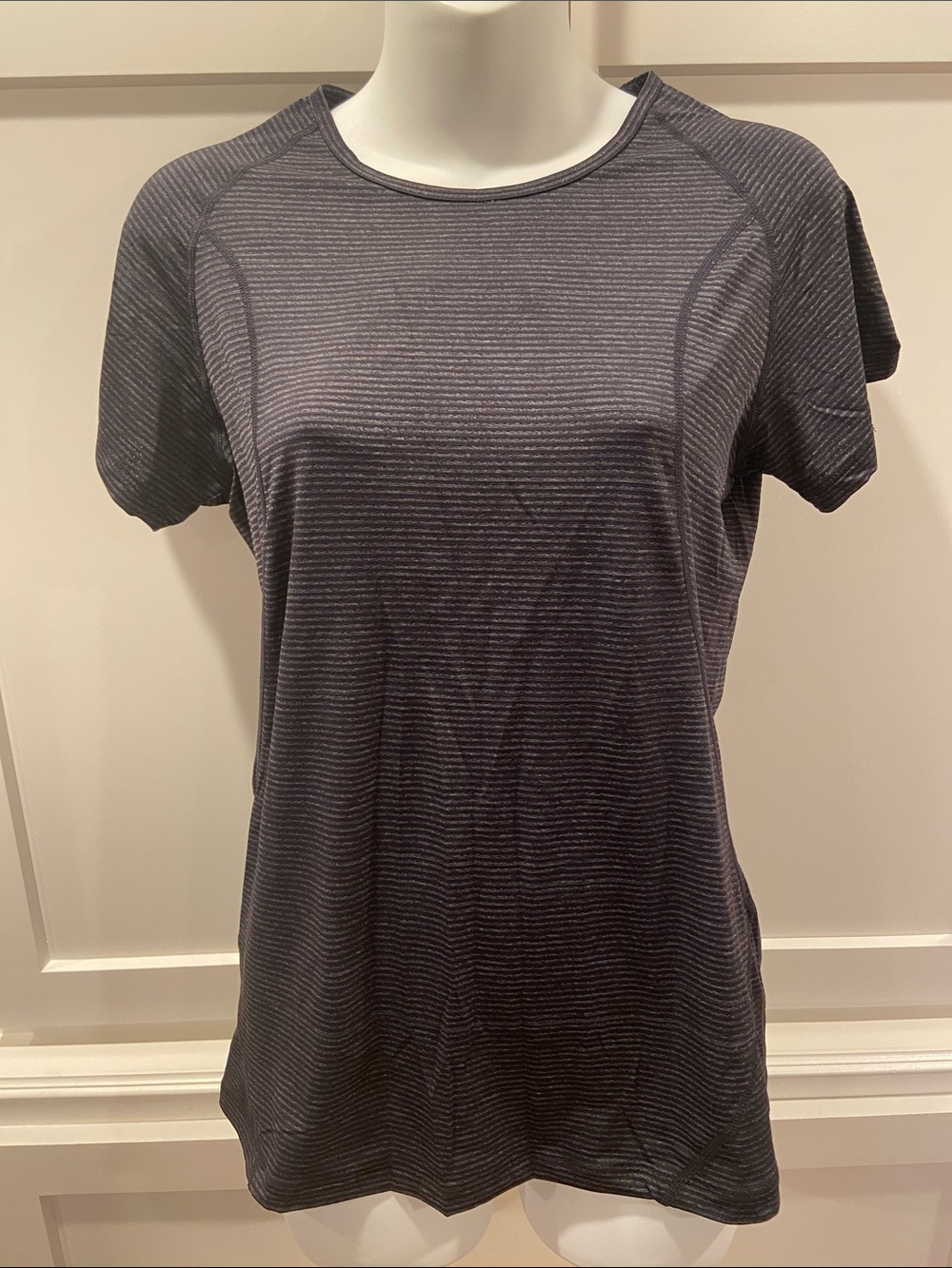 Zyia active Women’s Short Sleeve Crew Tee in Charcoal Stripe